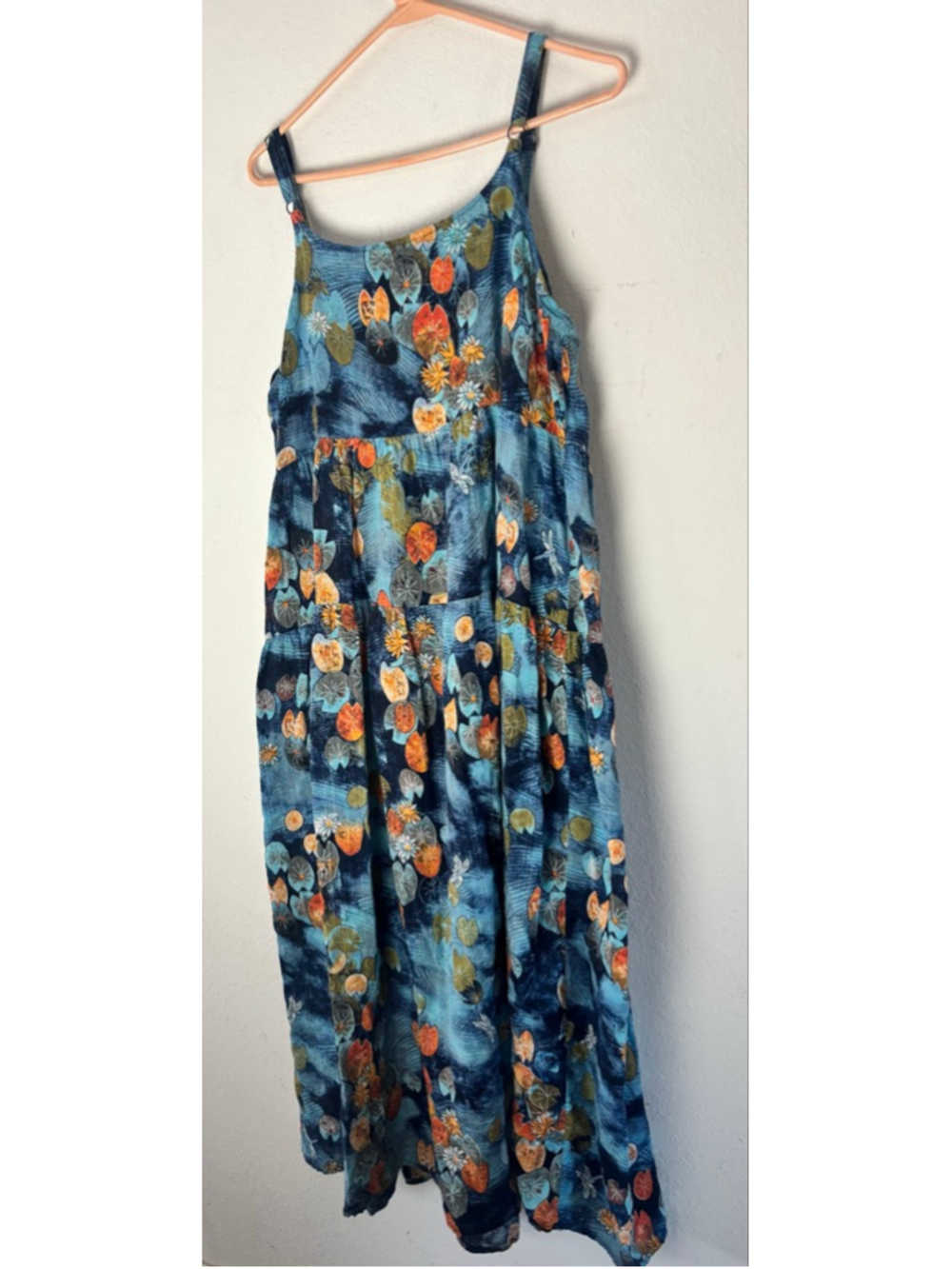 Women's Blue Orange Lily pad Hawaiian Maxi Dress XL